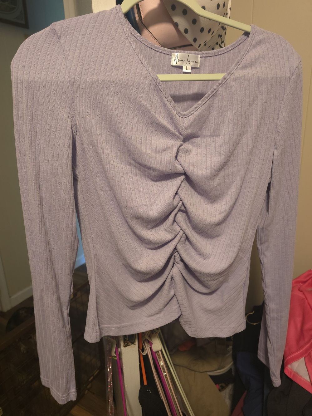 Lavender Ruched V-Neck Long-Sleeve Top